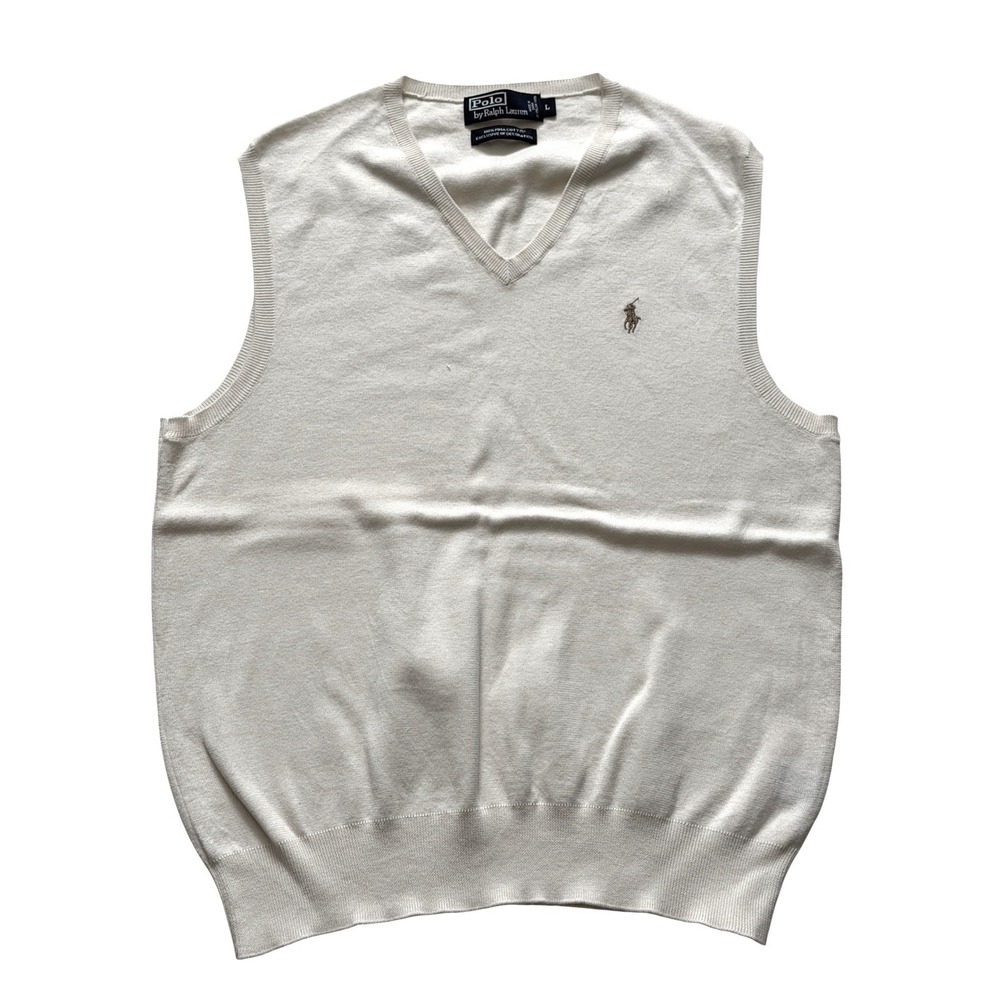 Polo Ralph Lauren Cream Pima Cotton V-Neck Sweater Vest IVORY PREPPY Pony Logo L